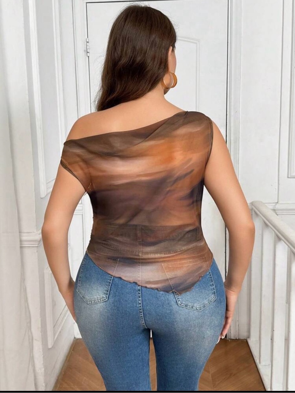 Women’s Sheer Tie-Dye Mesh Top - Brown/Black - Picture 3 of 5
